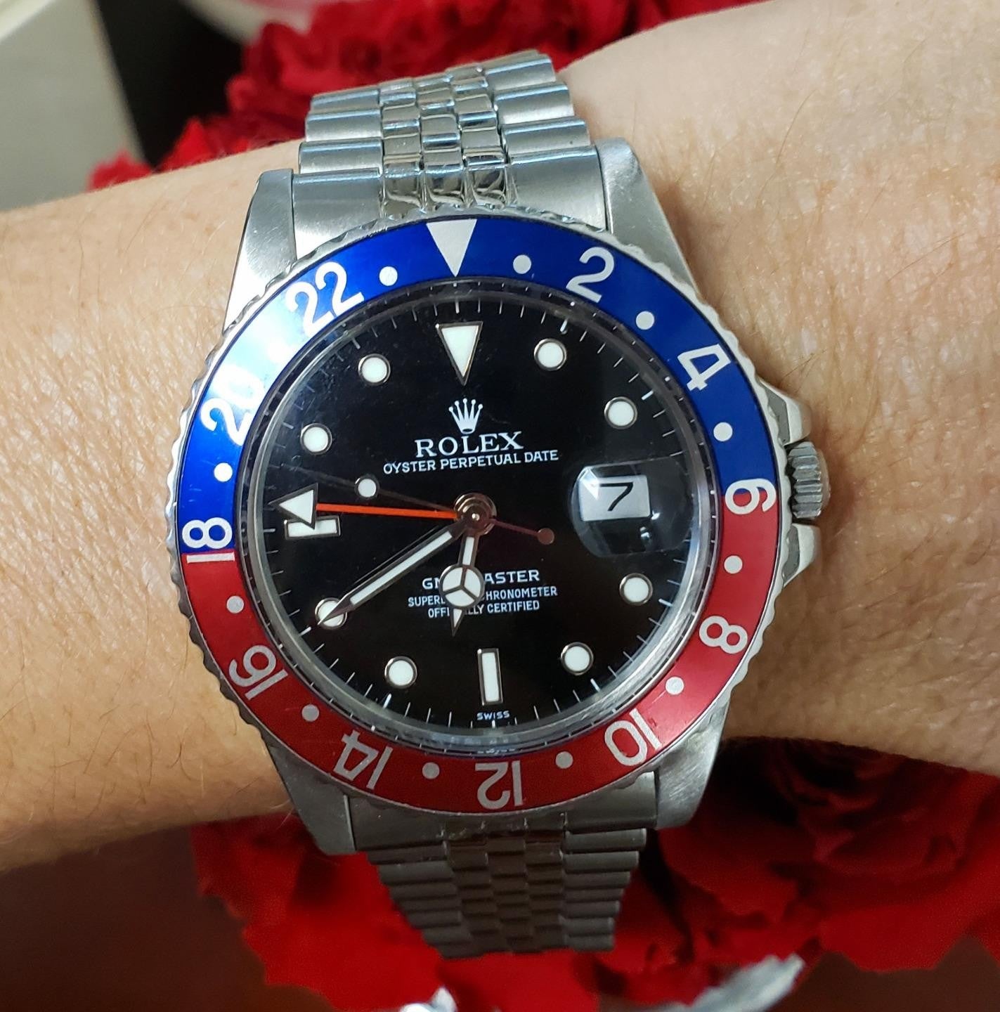 40mm Rolex GMTMaster Pepsi Blue & Red Bezel Stainless Steel Jubilee 16750