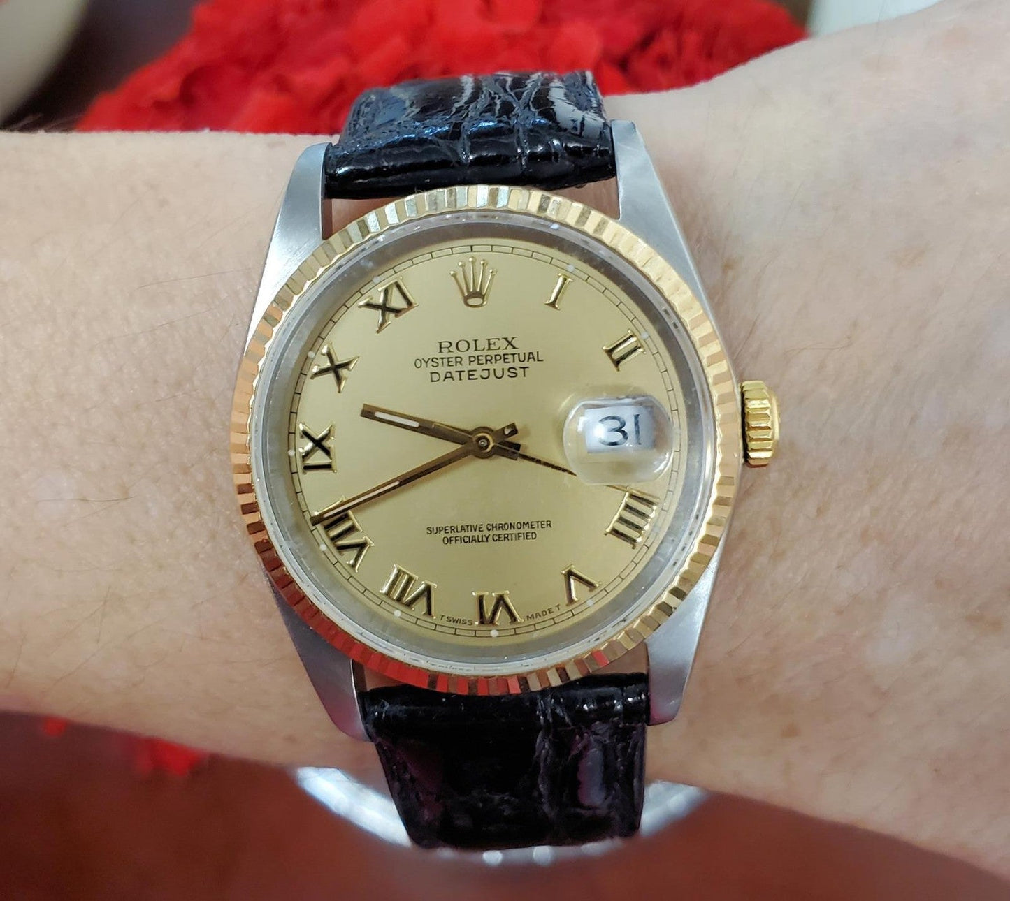 Rolex Datejust 16234 36mm Two Tone Custom 18k Fluted Bezel Gold Roman Dial 1989