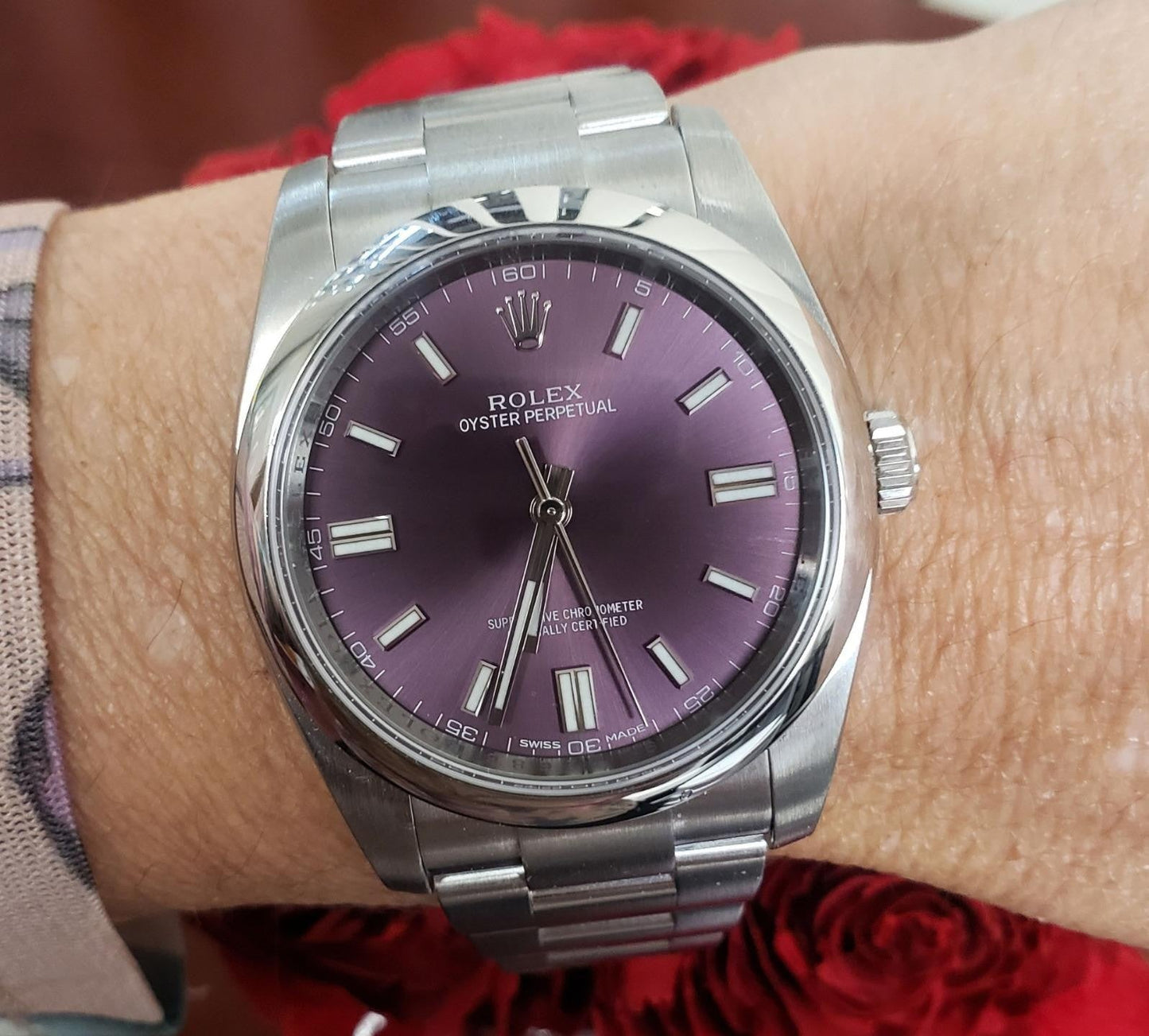 36mm Rolex Oyster Perpetual 2016 Stainless Steel Red Grape Auto 116000