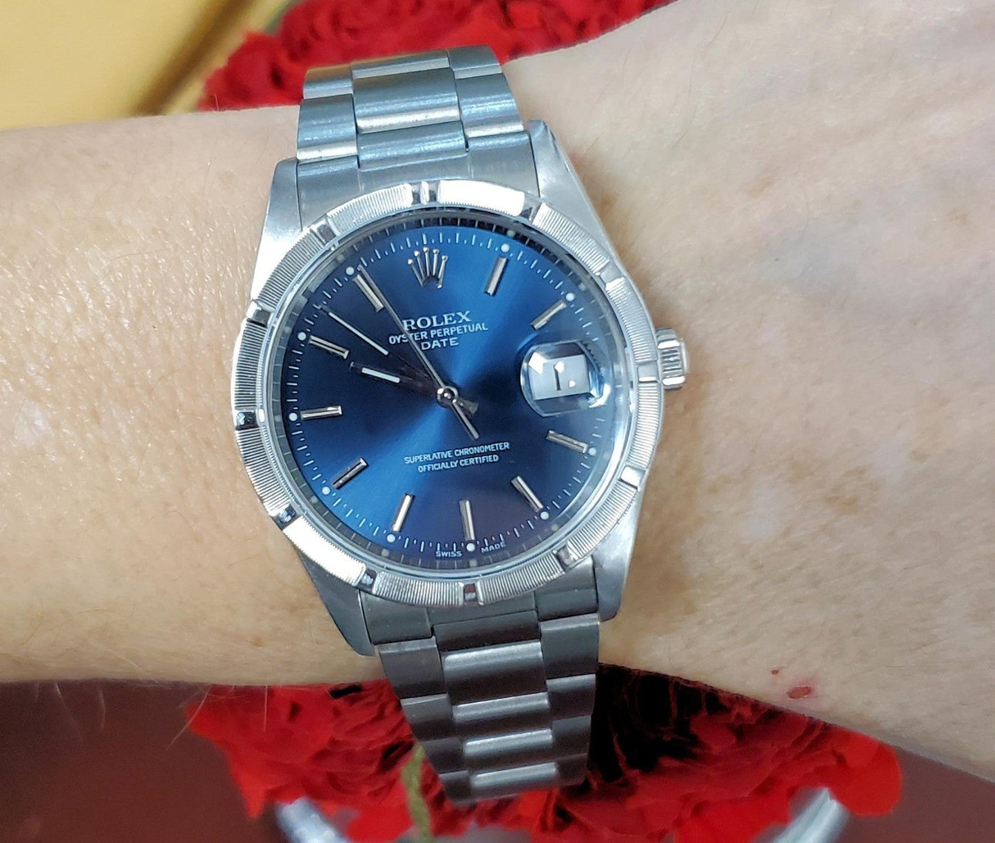 Rolex Date 34mm 15210 Steel Engine Turn Bezel Blue Dial 2000 Boxes Papers