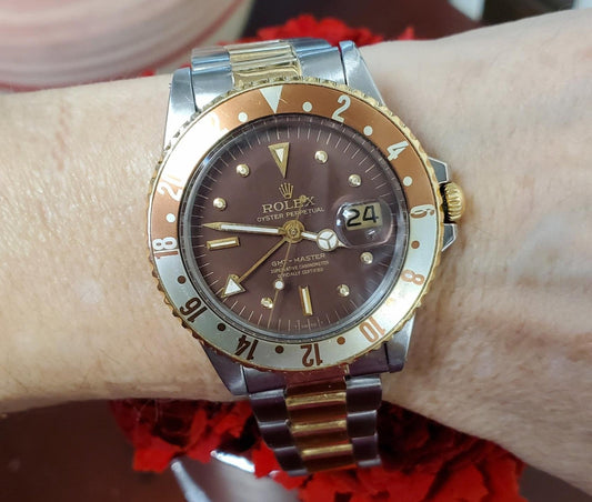 1970 Rolex GMTMaster Steel 14k Gold Two Tone Rootbeer Dot Nipple Dial 1675