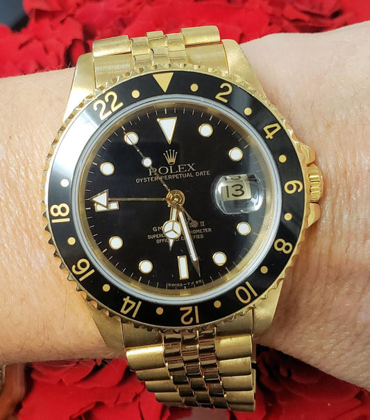 40mm Rolex GMT-Master II 18k Yellow Gold Black Dial Watch Jubilee Band 16718