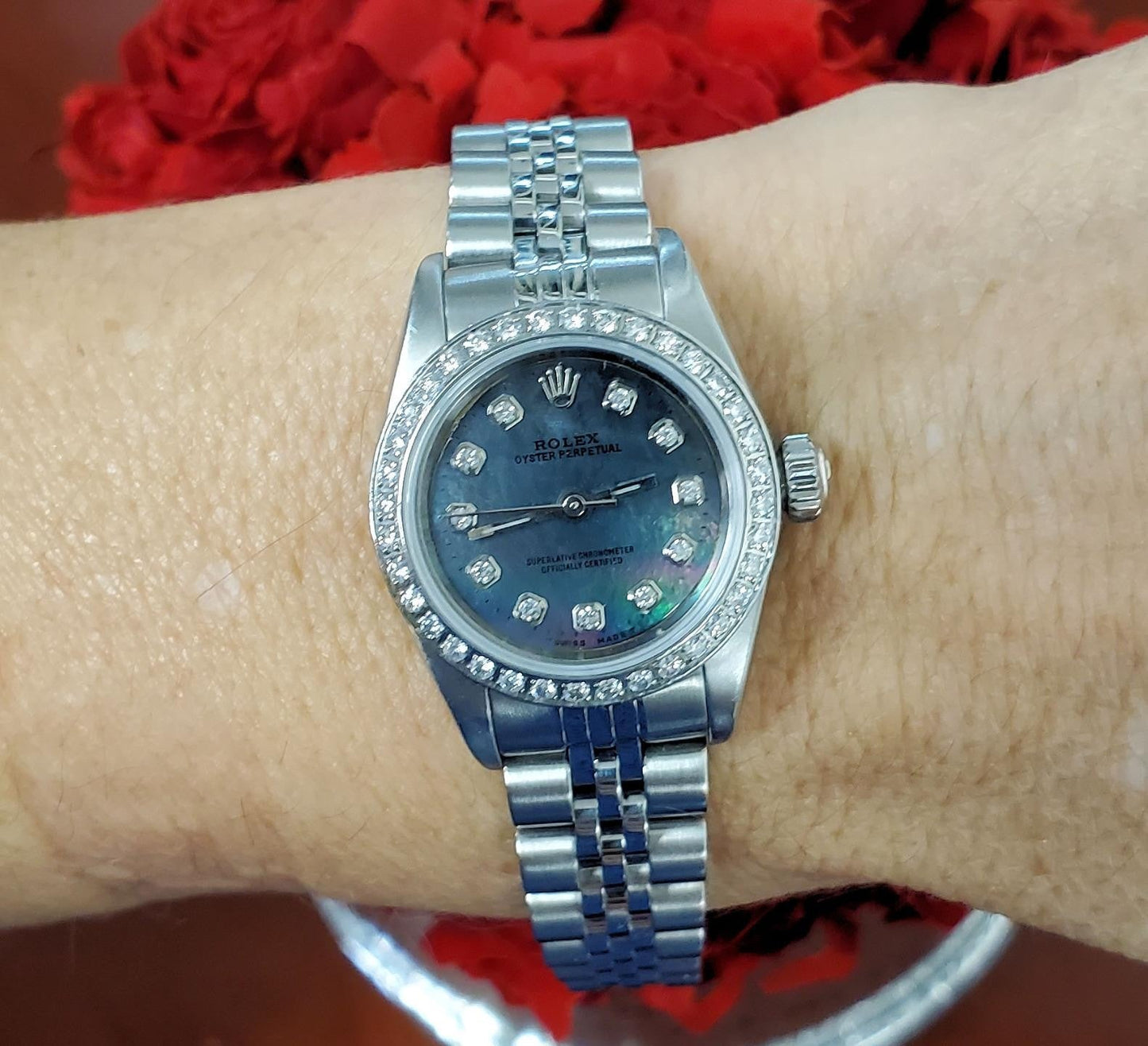 Rolex Oyster Perpetual 25mm 76094 SS Jubilee Black MOP Diamond Dial & Bezel Auto