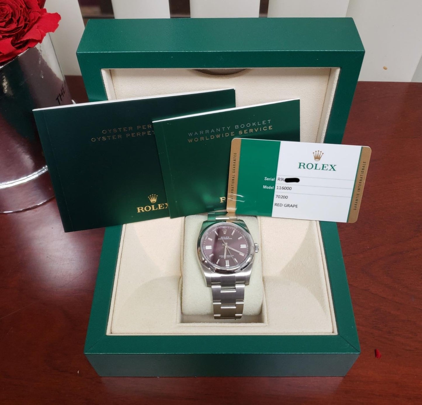36mm Rolex Oyster Perpetual 2016 Stainless Steel Red Grape Auto 116000